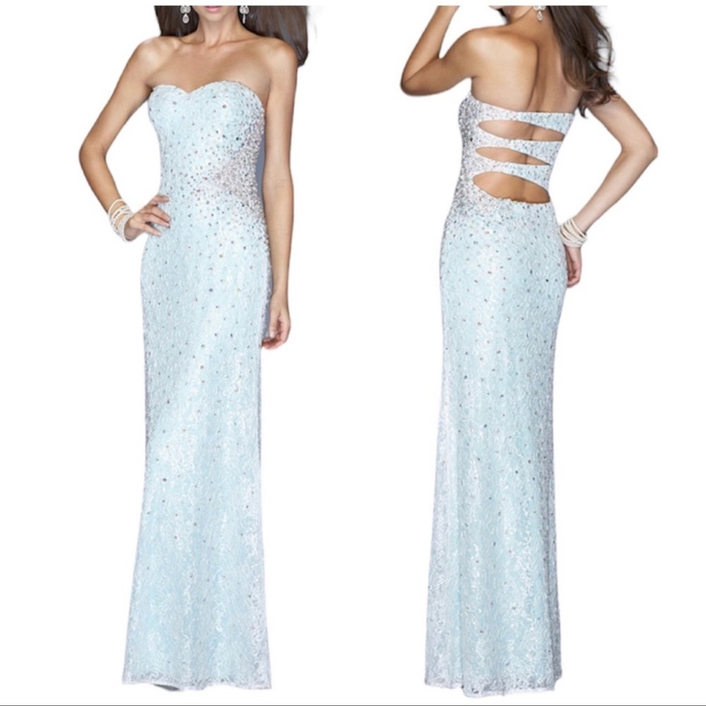 Prom NWT  La femme white lace with mint green lining.. with crystal all around.